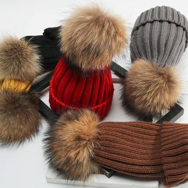 

beanie/skull caps womens girls ladies winter knitted beanie ski ball hat detachable outdoor faux fur bobble thick pom-poms, Blue;gray