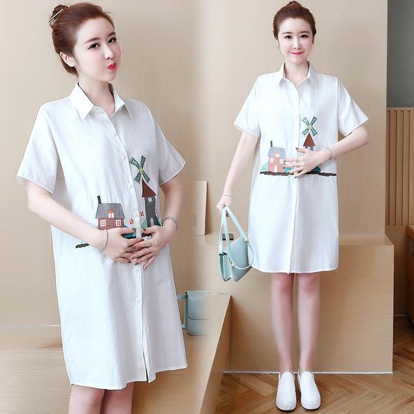 

726# maternity clothes summer embroidery cotton turn down collar short sleeves loose stylish dress pregnant women mom dresses, White