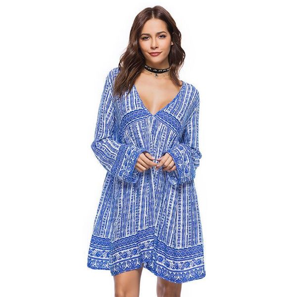 

casual dresses baharcelin bohemian summer dress printed beach vintage v neck female vestidos de festa ladies women, Black;gray