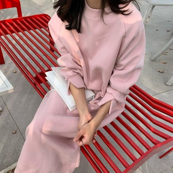 

casual dresses [ewq] korean chic simple round neck pink loose bubble sleeve long back split dress women fashion 2021 16e4373, Black;gray