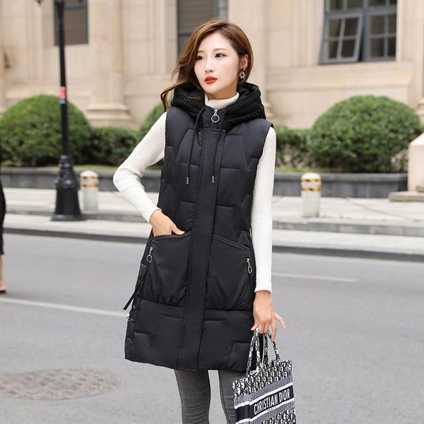 

women's vests kuyomens autumn winter women sleeveless vest casual solid long cotton padded jacket female hooded warm ladies waistcoat, Black;white