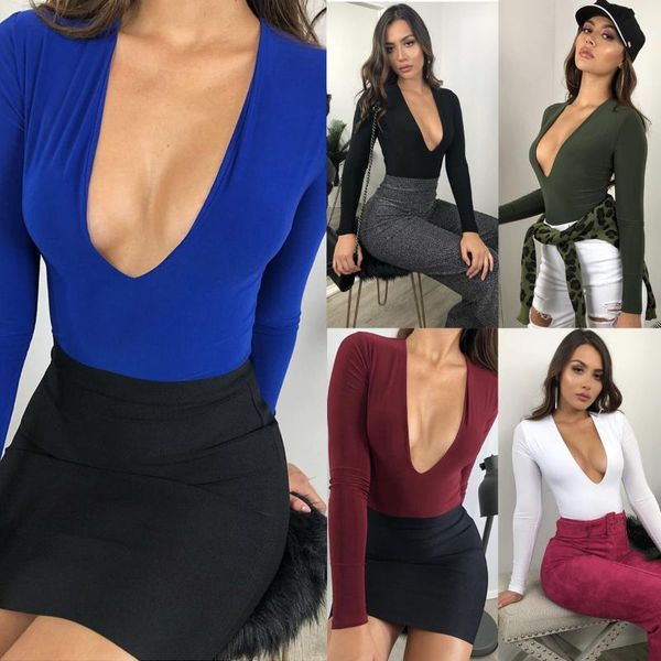 

women's jumpsuits & rompers summer fashion women jumpsuit deep v neck bodycon long sleeves black playsuits solid bodysuits femin, Black;white