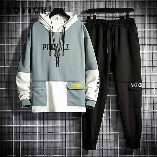 

men tracksuit jogging suit patchwork hoodies set male fleece hoodies+pants workout two piece sets gym sportswear suit clothing 210722, Gray