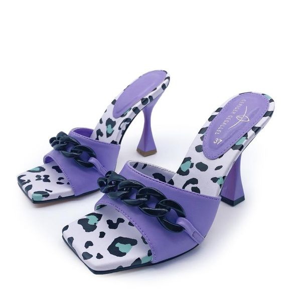 

1008-2 leopard print buckle cows animal texture sandals stiletto heels square toe fashion high shoes women slippers dress, Black