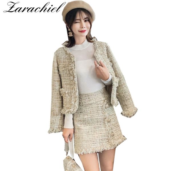 Elegante Frauen Zweiteiler Tweed und Goldknopf Rock Anzug Winter Langarm Fransen Quaste Wolljacke Set 210416