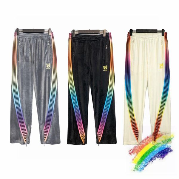 

men's pants velvet awge needles sweatpants men women butterfly embroidered drawstring track striped webbing trousers, Black