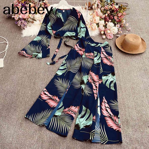 

fashion suit v-neck temperament short print trumpet sleeve two piece set high waist wide leg pants split length 210512, White
