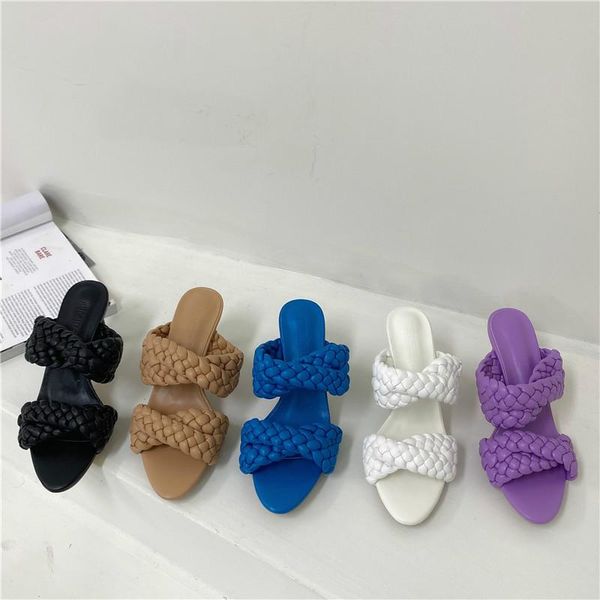 

narrow band weaving slippers women open toe thin high heel sandals brand design slides flip flops, Black