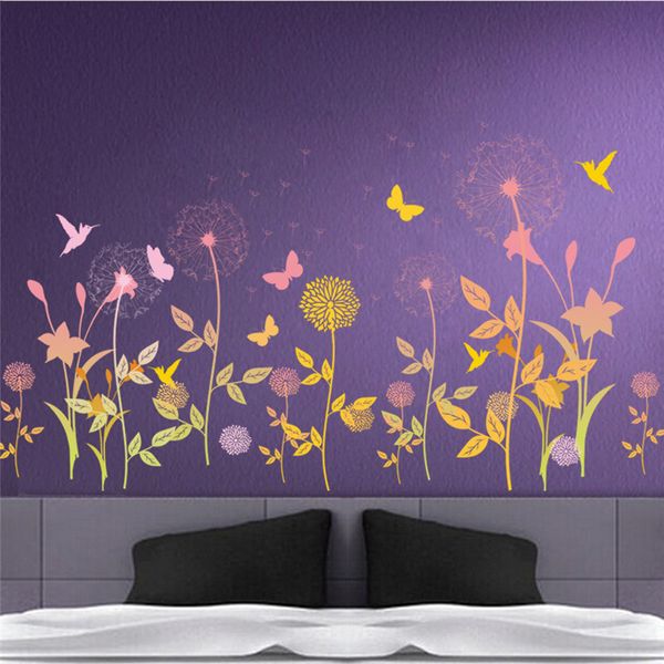 Giardino Fiore Farfalla Tarassaco Wall Sticker Scenario Adesivo Camera da letto Soggiorno Wall Art Home Decor Poster Murale 210420