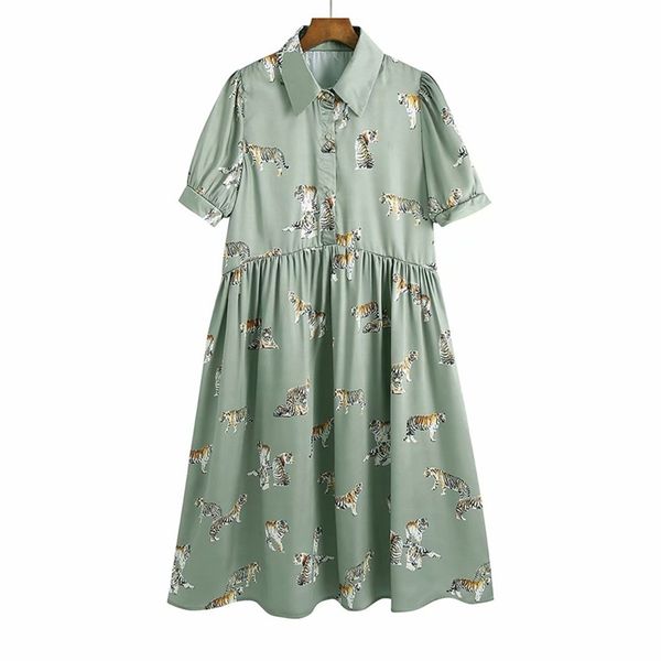 

women summer za casual shirts dress short sleeve animal print button turn-down collar female elegant street dresses vestido 210513, White