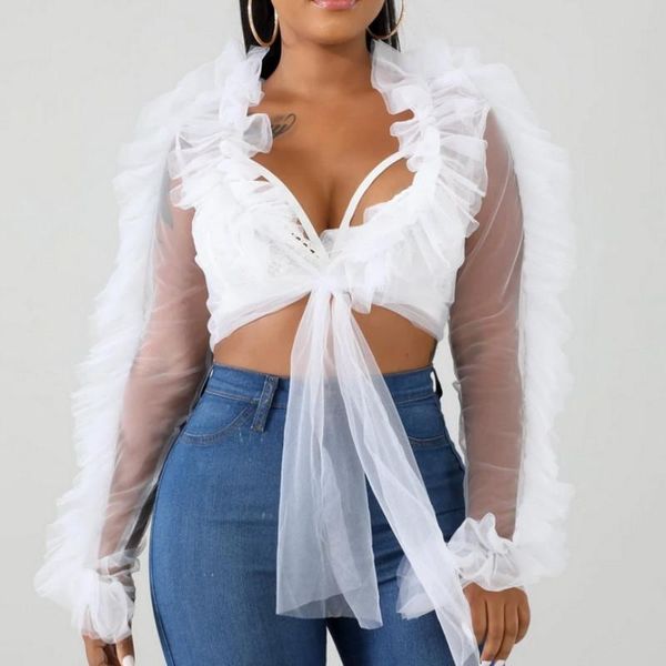 

transparent lace patchwork deep v neck black shirt blouse summer women fashion long sleeve mesh bowknot femme women's blouses & sh, White
