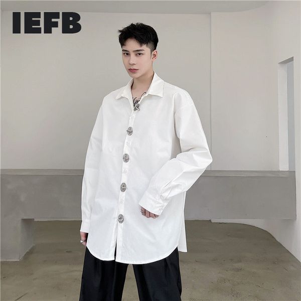

iefb personalized handmade metal ring single breasted long sleeve spring white shirt loose silhouette big size 9y5563 210524, White;black