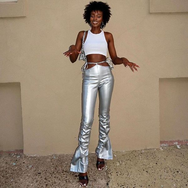 

women's pants & capris silver women fashion low waist bandage luxury female trousers high street skinny slimming casual flare arrivals, Black;white