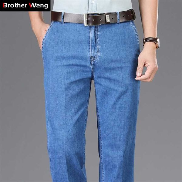 

classic style summer men's straight thin jeans business casual stretch trousers male brand pants blue 211008