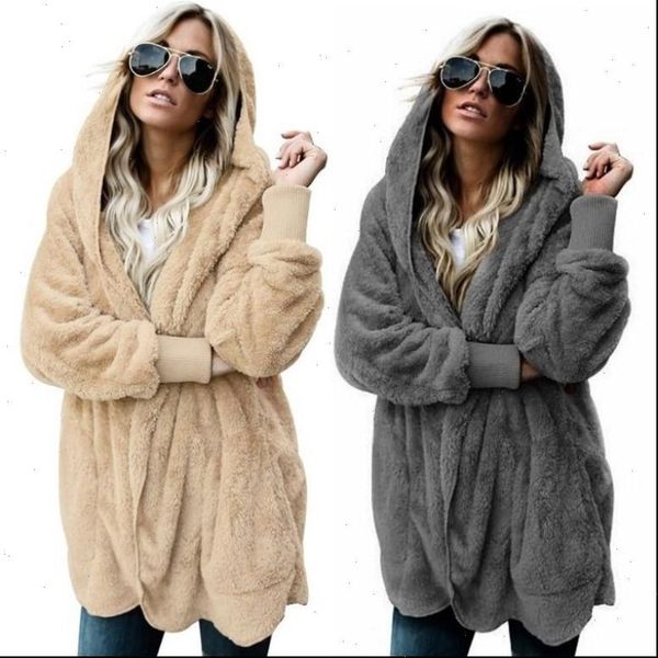 

autumn winter jacket coat causal women hoodie soft hooded pocket fleece plush warm plus size faux fur fluffy, Black