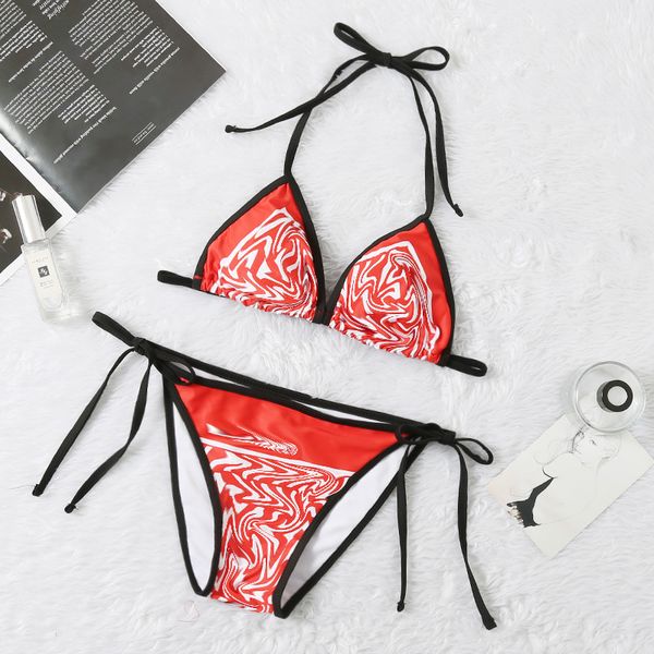 

designer european and american alphabet split swimsuit fashion bikini triangle halter neck lace beach suit, White;black
