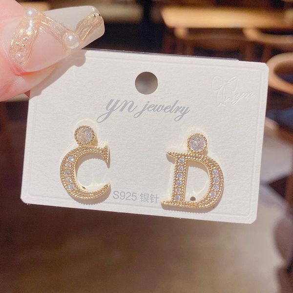 

stud luxury 14k real gold micro-inlaid zircon d asymmetric letter s925 silver needle earrings for women cubic zc, Golden;silver