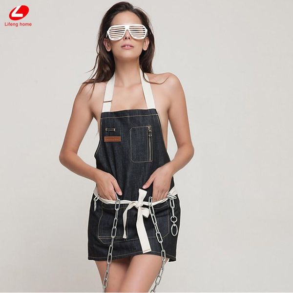 

aprons lifeng home denim apron jeans with pocket cocking cleaning woman and man strap black blue barber barista