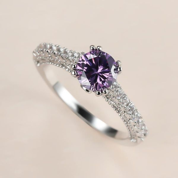 

wedding rings classic female purple crystal stone ring charm silver color for women dainty bride round zircon engagement, Slivery;golden