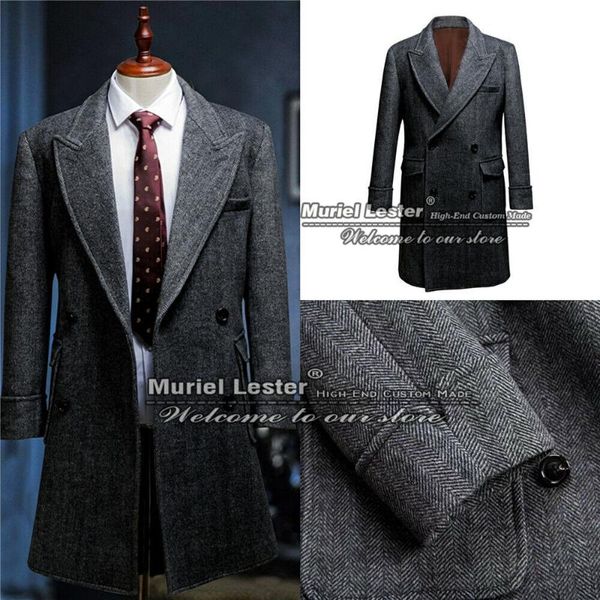 Herrenanzüge, Blazer, Frühling/Herbst, Anzugjacken, Herren, Slim-Fit, graues Fischgrätenmuster, Business-Outfit, zweireihiger Mantel, langer Mantel, maßgeschneidert