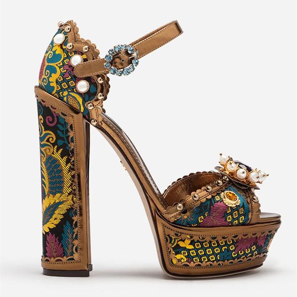 

latest designer high heel platform sandals pearl flower shoes women crystal embellished ankle strap covered, Black