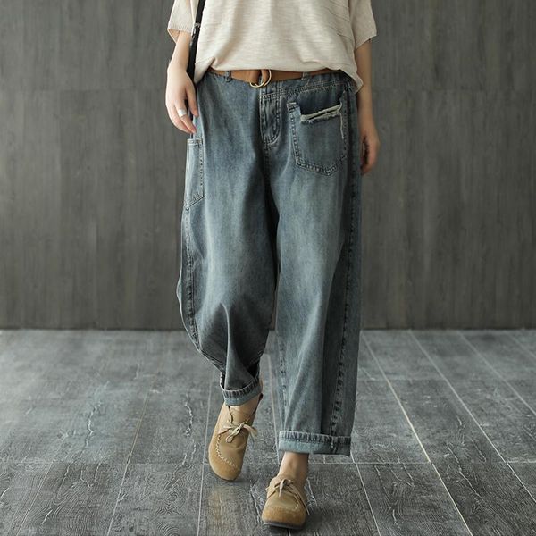 

women's jeans 2021 spring summer denim pants women elastic waist loose retro casual female bleached sashes trousers, Blue