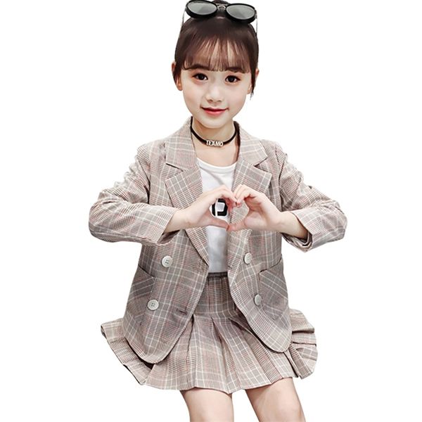 

girls suit clothes outerwear + pants for plaid pattern set spring autumn children's tracksuits 210528, White