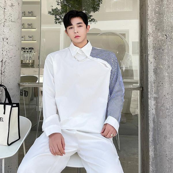 

men's casual shirts man korean streetwear fashion dress net celebrity stripe button long sleeve loose pullover shirt youth male, White;black