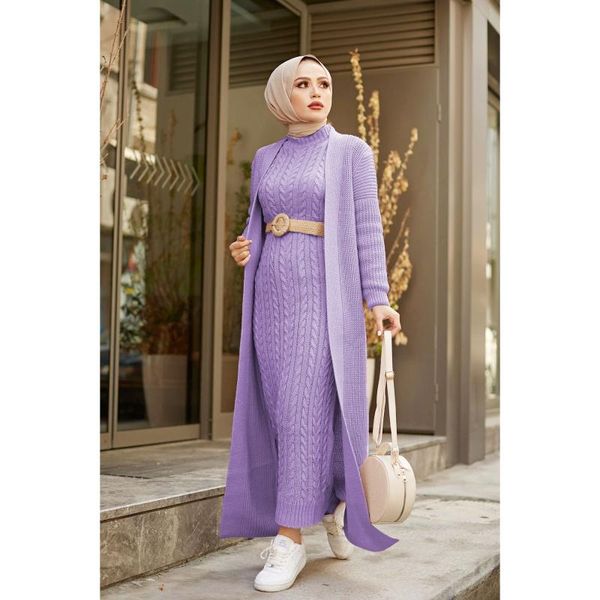 

ethnic clothing 2 piece women's knitted maxi set for winter half turtleneck long sleeve knitwear dress and cardigan muslim fashion abay, Red