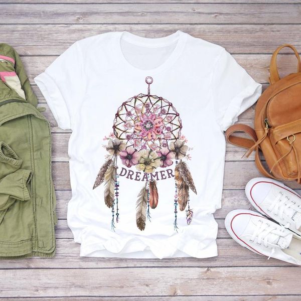 

women summer short sleeve dream feather fashion print lady t-shirts t shirt ladies womens graphic female tee t-shirt women's, White