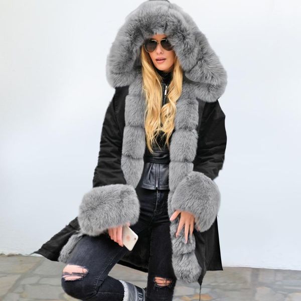 

women's fur & faux trodeam store autumn and winter european american jackets with collar hooded pure color cotton coats, Black