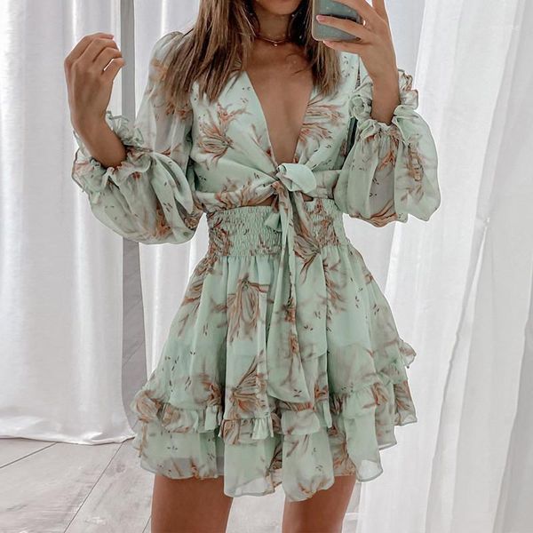 

casual dresses vacation ruffle a-line mini dress floral women autumn spring long sleeve bandage deep v neck high waist vestidos female, Black;gray