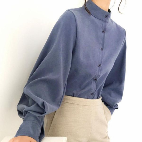 

women's blouses & shirts ladies hong kong style retro stand collar single breasted temperament lantern sleeve versatile loose casual sh, White