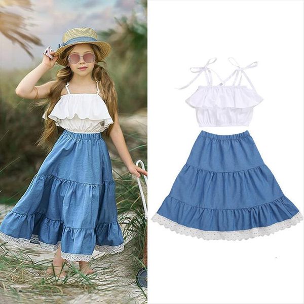 

1 7y summer fashion toddler kids baby girls clothes sets ruffle white sleeveless blue ankle length a line skirts
