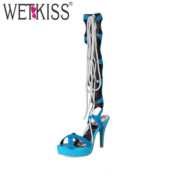 

summer sandals women long boots knee high gladiator footwear heel cross tied 2021 handmade female shoes, Black