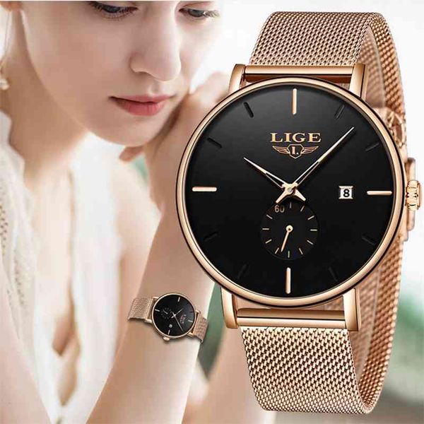 Elenco LIGE Luxury Women Dress Gold Watch Semplicità Casual Data Orologio al quarzo Orologi da donna di alta qualità Montre Femme 210517