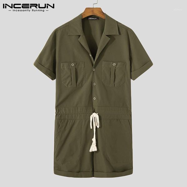 

men rompers streetwear solid color pockets lapel short sleeve 2021 mens cargo overalls fashion shorts casual jumpsuits men's, White;black