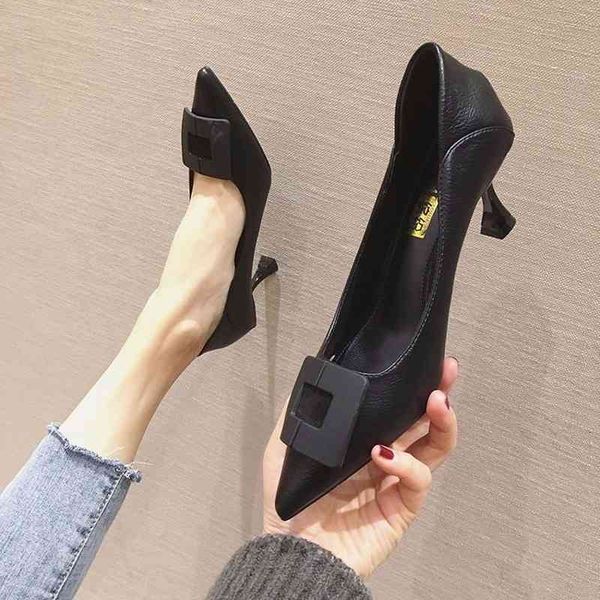 

slip square buckle on shallow casual shoes spring women woman pumps thin high heel pointed toe ladies, Black
