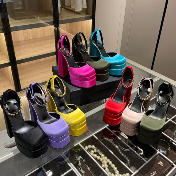 

dress sandals fashion waterproof platform square head hollow foot nude rhinestone chain solid color baotou satin high-heel 15.5cm catwalk sh, Black