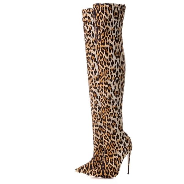 

boots over knee women's shoes large elastic leopard print high tube leather, Black