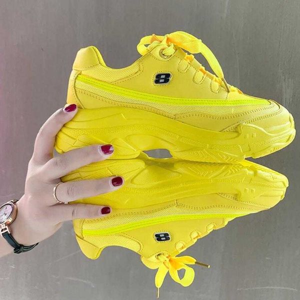 

2021 casual thick women sneaker platform summer breathable mesh women's shoes flat yellow sports for daddy shoes female y0907, Black