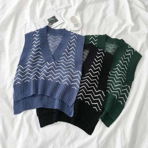 

women's vests contrast color v-neck sleeveless women sweaters vest 2021 autumn female korean irregular loose, Black;white