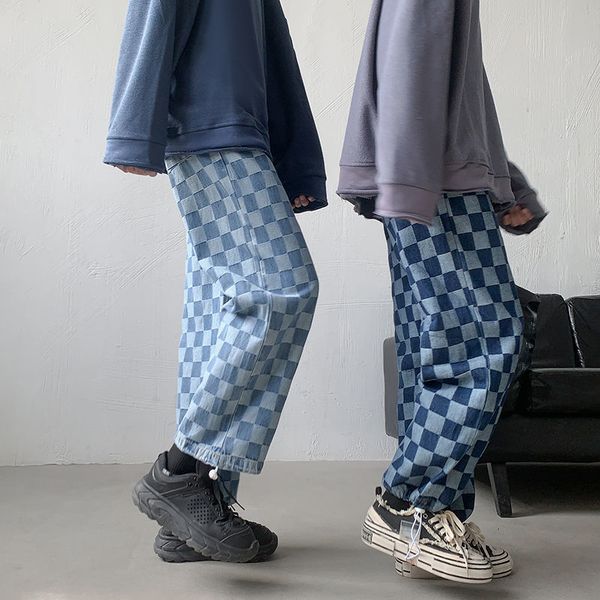 

men's jeans baggy plaid printing wash streetwear loose wide leg pants cargo casual denim trousers plus size s-5xl 4d4v, Blue