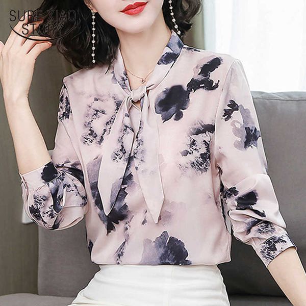 

elegant silk shirt women's autumn long sleeve bow printing ink loose silk shirt women pink blouse chemisier femme 10649 210528, White