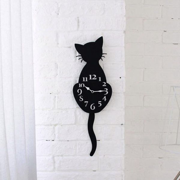 

wall clocks cute cat quartz acrylic clock swinging tail 3d home bedroom mirror needle decor watch