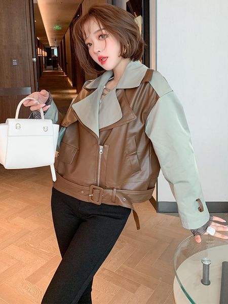 

women's tracksuits punk style contrast color pu stitching double layer lapel zipper front short jacket 2021 autumn and winter, Gray