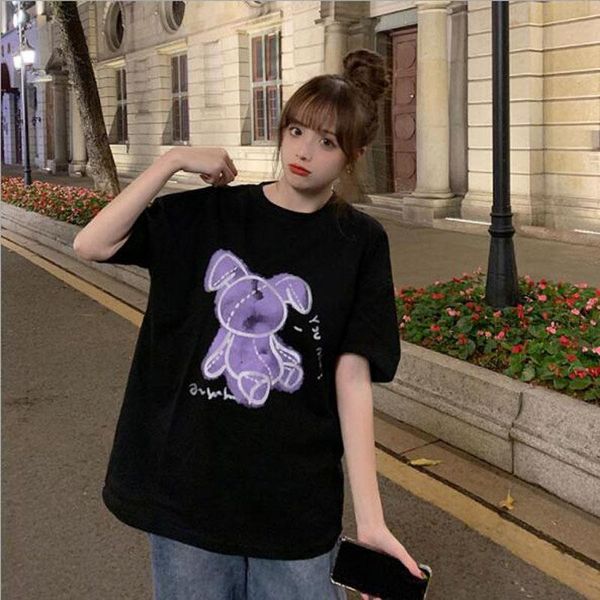 

summer t shirt women korean style short sleeve o neck tshirt cartoon print t-shirt women's, White