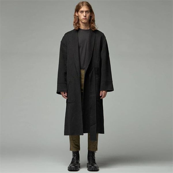 

men's wool & blends yamamoto furni coat kimono waist loose mid-length, Black