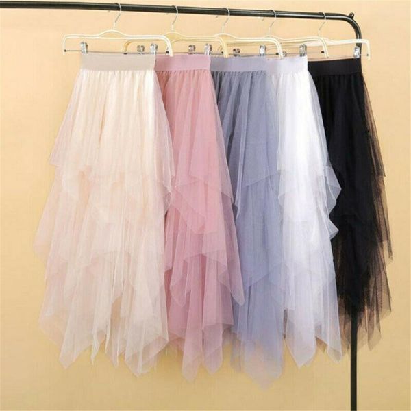 

brand tulle elastic high waist womens skirt underskirt ballet irregular pleated maxi sheer tutu skirts, Black