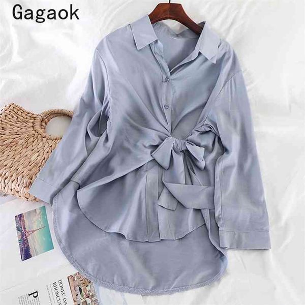 

women streetwear shirt spring autumn solid turn-down collar full bandage slim chic wild fashion and blouses 210531, White